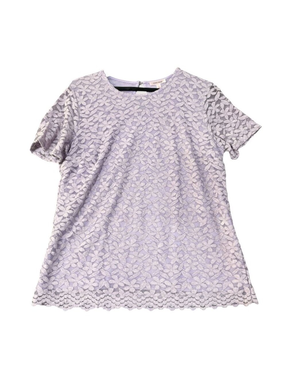 NWT Teddi Rose Women's Lace Top L Purple Floral Short Sleeve Scalloped Hem